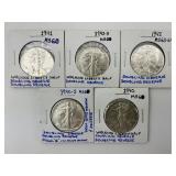 5 90% Silver 1940-42 Error Walking Liberty $1.