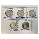5 90% Silver Error Franklin Half Dollars.