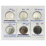 6 1972-1988 Error Kennedy Half Dollars.