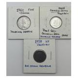 Canadian 1958 Penny, 1962 Nickel & 2005 Dime.