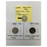 3 1866-1870 U.S. Nickel 3 Cent Pieces.
