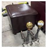 Brass & Cast Iron Ball Andirons, Vinyl Ottoman.