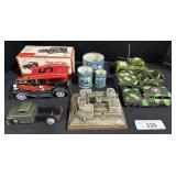 Tin Military Vehicle Toys, Tin Toy Car & Canisters