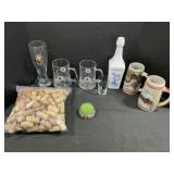 Budweiser Steins, Decanter, Corks, Wine Coaster.