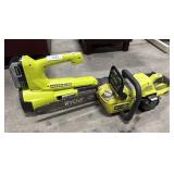 Ryobi Battery Powered 14in Chainsaw & Blower.