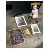 Antique Doll w/ Rocking Chair, Prints, Portrait.