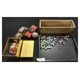 Cloisonne Ornament, Hubley Car, Glass Marbles.