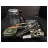 Vintage Flatware, Glass Jar & Vase, Small Tin.