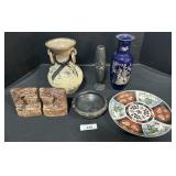 Carved Stone Bookends, Etched Vase, Vases.