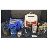 Camel Bags, Budweiser Cooler, Beer Cans & Tap.