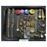 83% Silver Spoons & Costume Jewelry, Pins, Watches