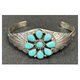 Sterling Silver Turquoise Floral Cuff Bracelet.