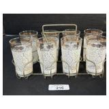 Hazel Atlas White Lace Tumblers W/ Carrier.