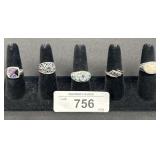 5 Sterling Silver Rings, Fossilized Coral, Topaz.