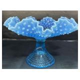 Fenton Blue Opalescent Hobnail Pedestal Bowl.