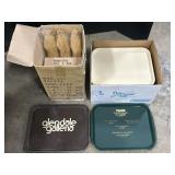 Cafeteria Trays & Wooden Santa Claus Figures.