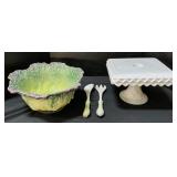 White Glass Cake Stand & Lettuce Salad Bowl.