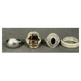 4 Sterling Silver Rings, Diamonds, Onxy, Quartz.