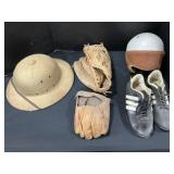 Baseball Gloves, Pith & Football Helmet, Cleats.
