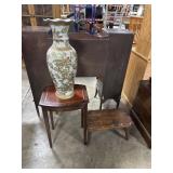 Oriental Porcelain Vase, Inlayed Mahogany Table,