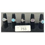 5 Sterling Silver Rings, Aquamarine, Mystic Topaz.