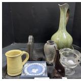 Large Pitcher, Wedgewood Plate,Cast Iron Bookends.