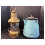 Ships Lantern & Enamelware Tea Kettle.