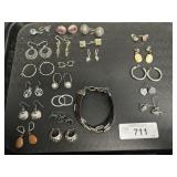 Sterling Silver, 16 Pairs Of Earrings & Bracelet.