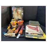 Vintage School Books, Elvis Doll, Hand Puppets.