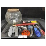 Lot Of Knives, Pliers, & Glass Jar.