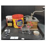 Antique Coffee Grinder, Advertising Tins.