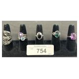 5 Sterling Silver Rings, Onyx, Emerald.