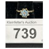 14K Gold Blue Topaz Flower Diamond Cluster Ring.