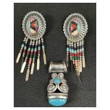 Sterling Multi Stone Earrings, Turquoise Pendant.
