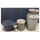 Large Milk Canister, Coal Bucket, Adv Tin.