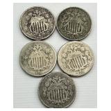 5 1866-1876 United States Shield Nickels.