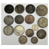 15 Foreign Coins, France, Britain, Mexico.