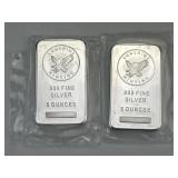 2 Sunshine Minting 5 Troy Oz .999 Fine Silver Bars