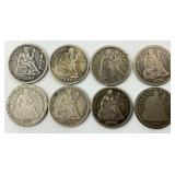 8 90% Silver 1842-1891 Seated Liberty Dimes.