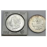 High Grade 90% Silver 1881-S & 1888 Morgan Dollars