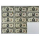 13 1953 & 1963 Red Seal U.S. Five Dollar Bills.