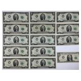 13 1976 Green Seal Two Dollar Notes.