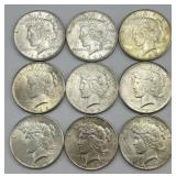 9 90% Silver 1924-1934 Peace Dollars.