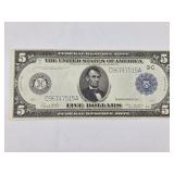 1914 $5 Fedral Reserve Lincon Horse Blanket Note