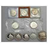 9 90% Silver Halves & 1 Dollar Coins.