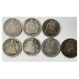 7 90% Silver 1838-1887 Seated Liberty Dimes.