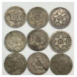 9 1852-1853 Silver Three Cent Piece.