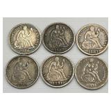6 90% Silver 1886-1891 Seated Liberty Dimes.
