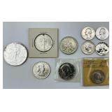 .999 Silver $1 & 9 90% Silver Halves & Quarters.
