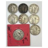 8 90% Silver 1918-1930 Standing Liberty Quarters.